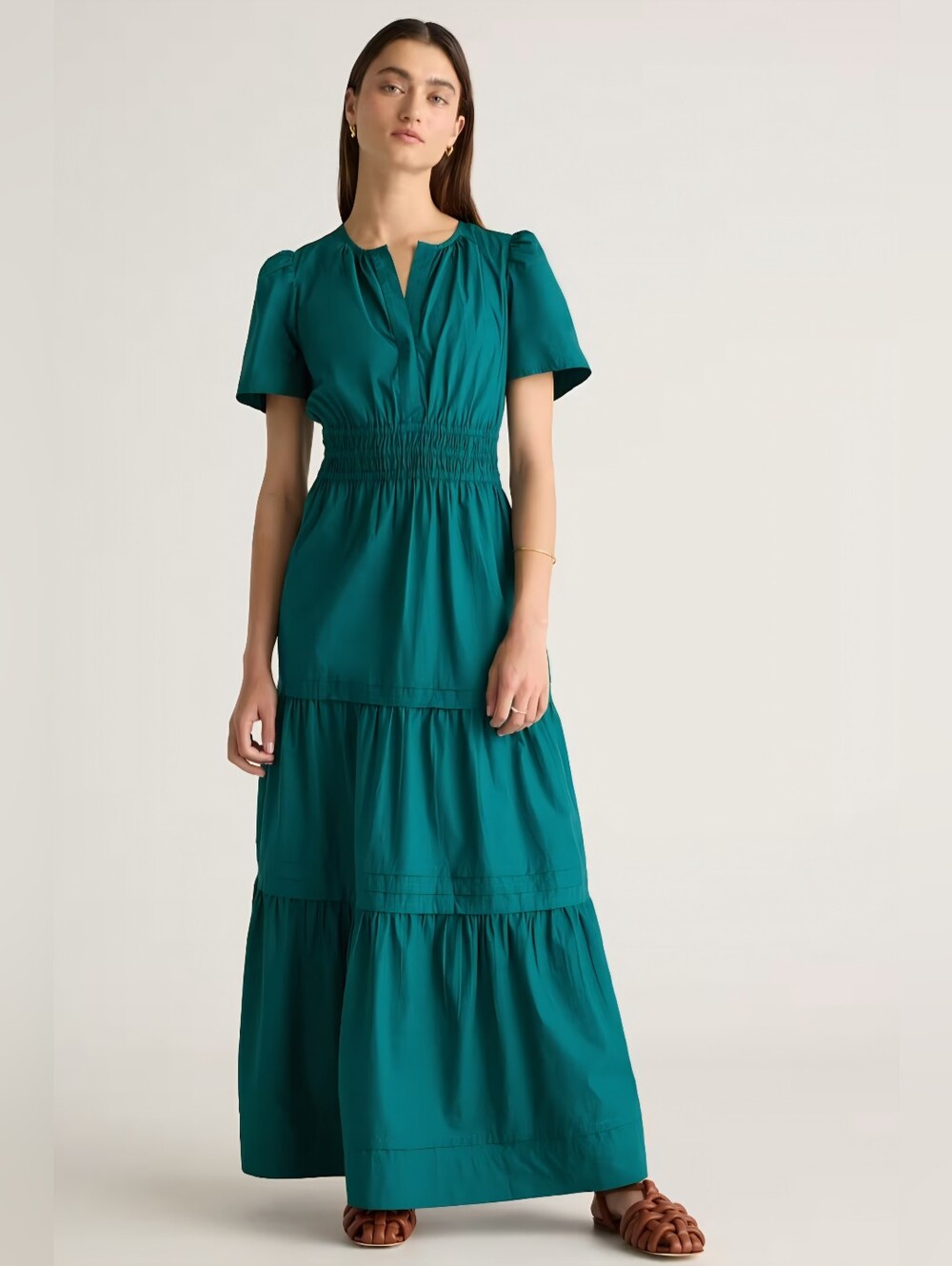Quince Women's organic cotton tiered poplin Jade Green Maxi Dress Size XL